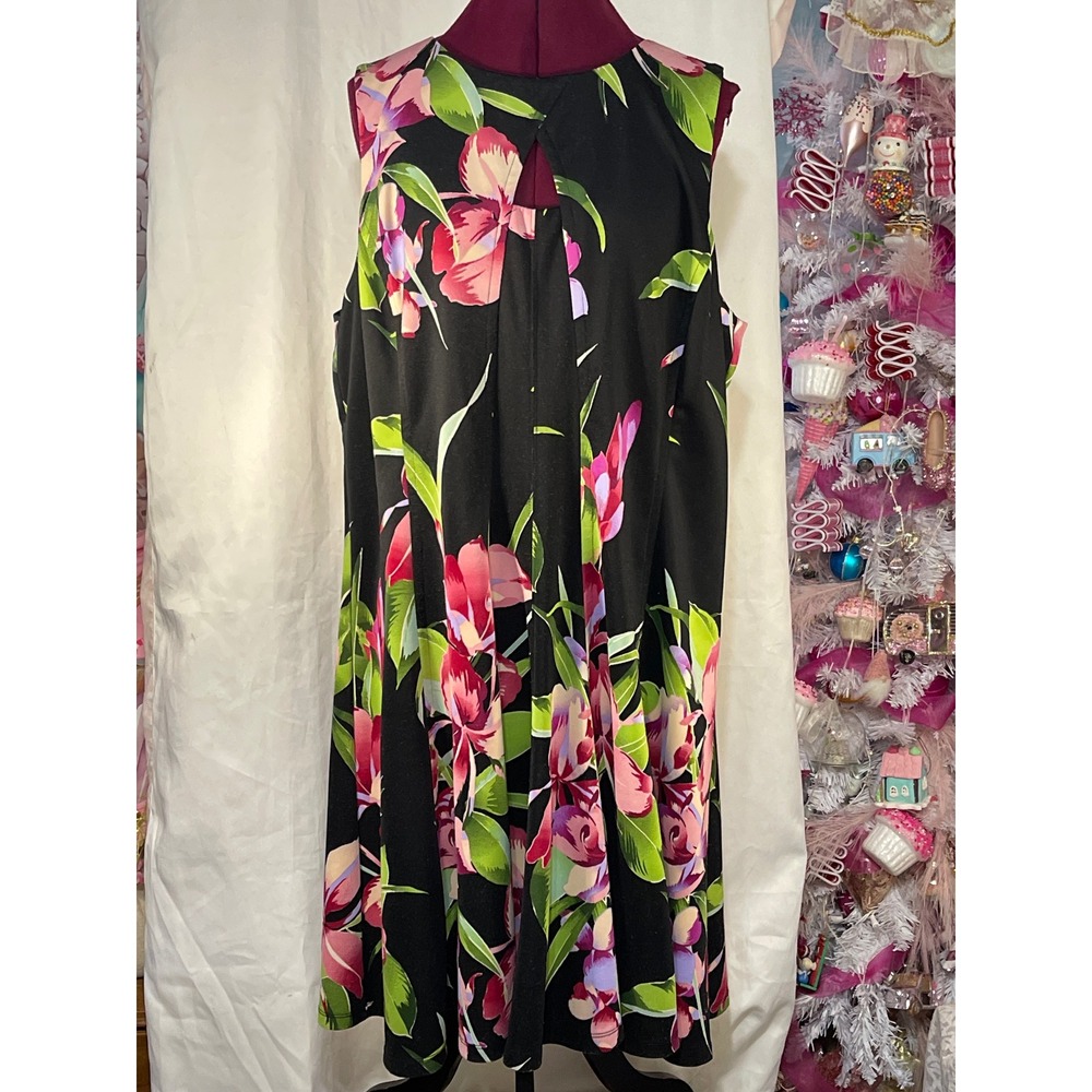 db established 1962 Floral Dress Women 20 Black Good Keyhole A-Line Tropical